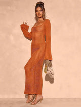 Openwork Square Neck Flare Sleeve Cover-Up Dress - Trendsi - Flyclothing LLC