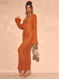 Openwork Square Neck Flare Sleeve Cover-Up Dress - Trendsi
