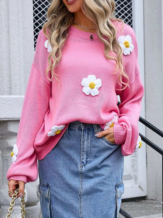 Angel Wings Flower Round Neck Long Sleeve Sweater - Trendsi - Flyclothing LLC