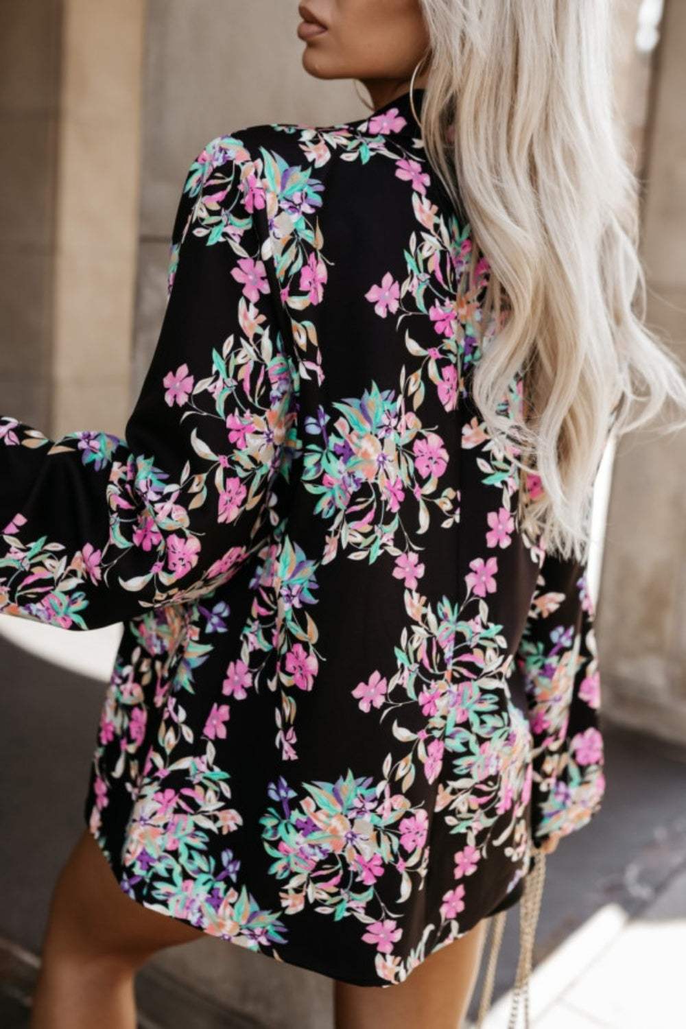 Tied Printed Collared Neck Long Sleeve Jacket - Trendsi - Flyclothing LLC
