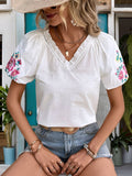 Frill Embroidered V-Neck Short Sleeve Blouse - Trendsi