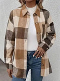 Curved Hem Plaid Collared Neck Shacket - Trendsi