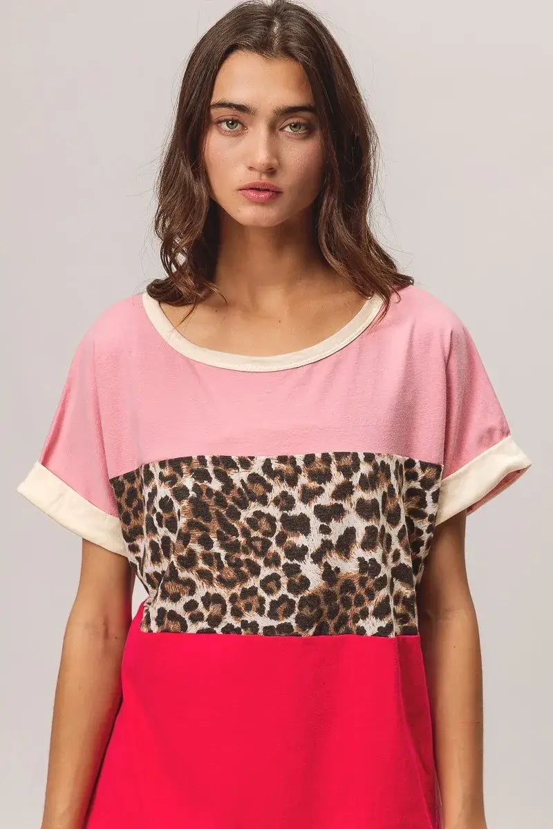 BiBi Leopard Printed Jersey Color Block Roll Up - Trendsi - Flyclothing LLC