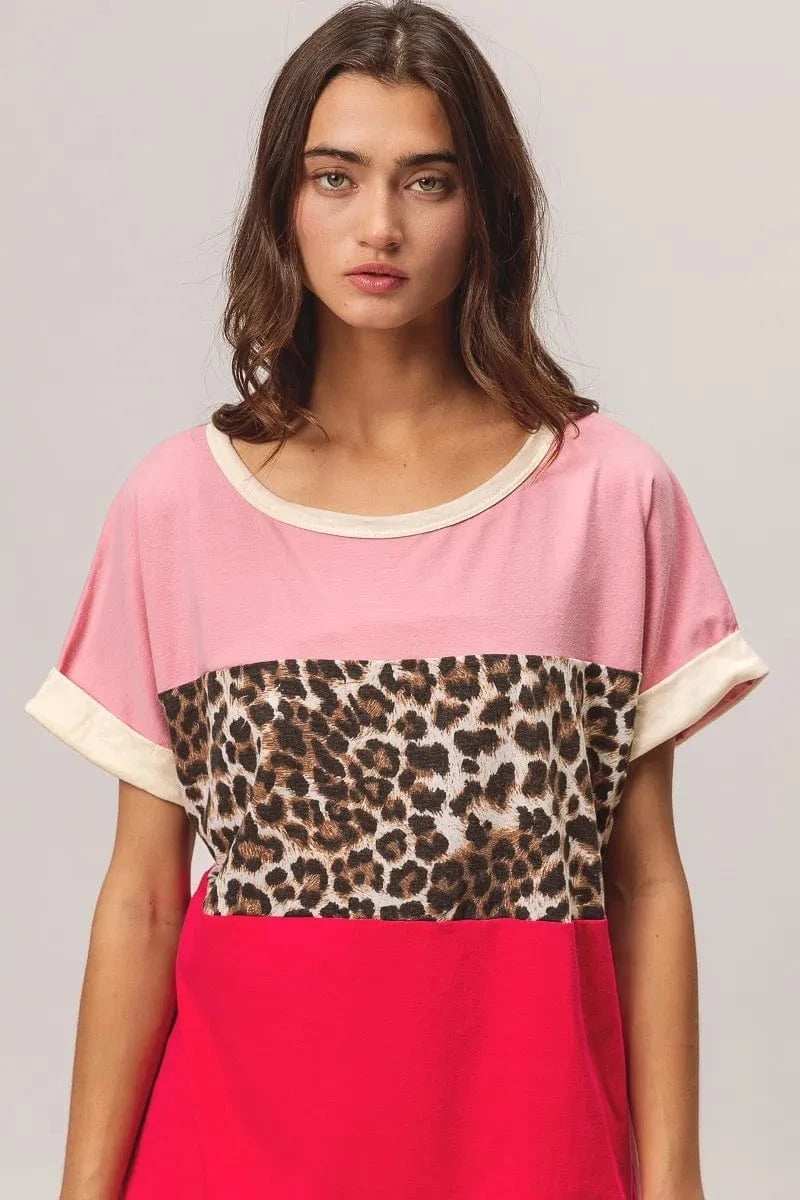 BiBi Leopard Printed Jersey Color Block Roll Up - Trendsi - Flyclothing LLC