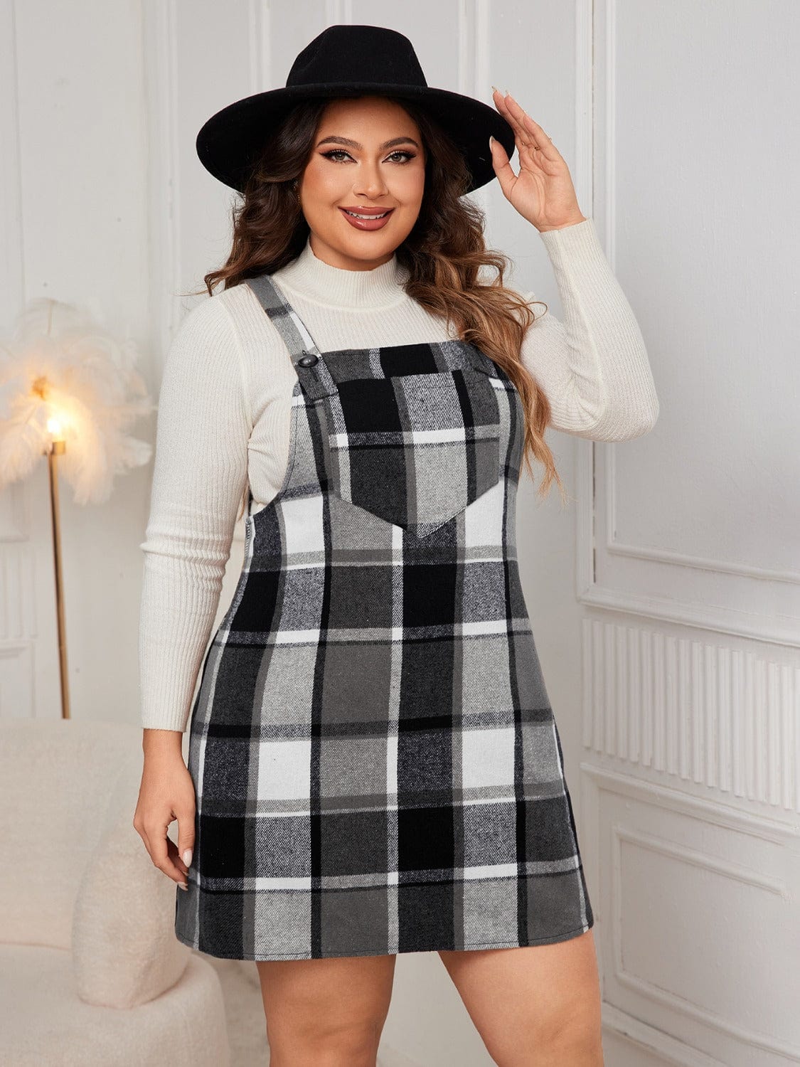 Plus Size Plaid Wide Strap Overall Dress - Trendsi