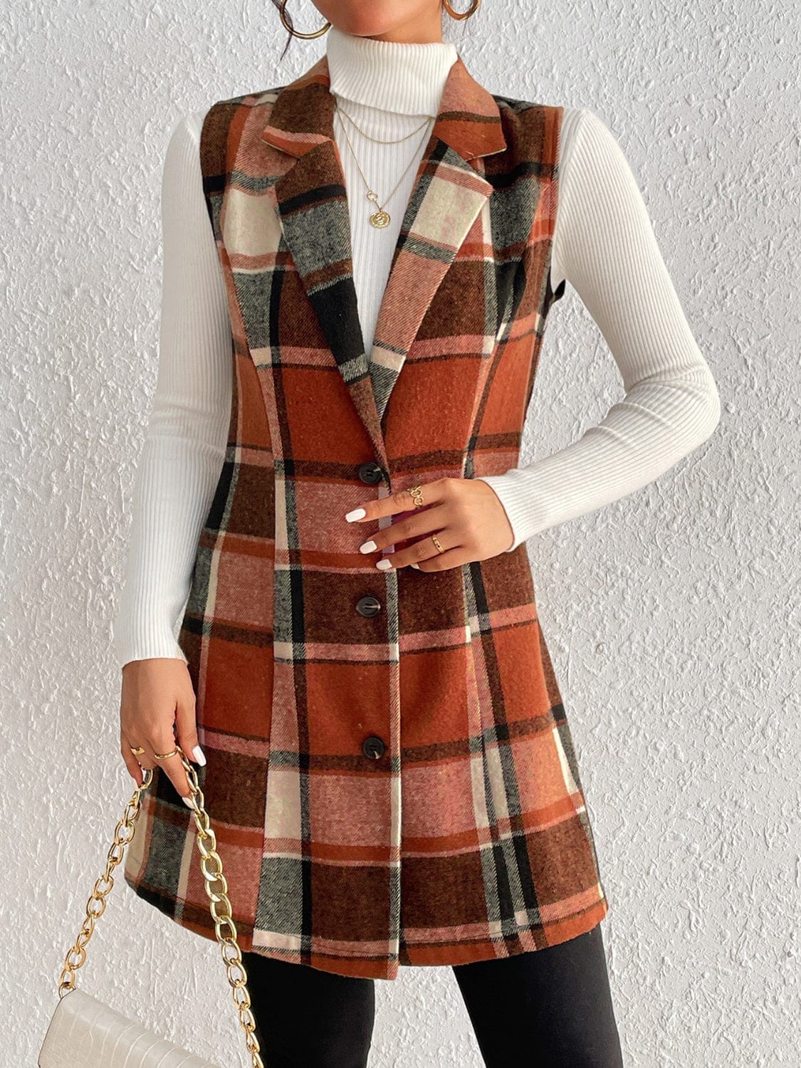 Honey Plaid Button Up Vest Coat - Trendsi