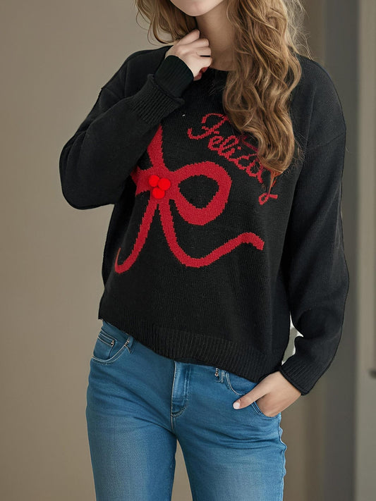 Bow Round Neck Long Sleeve Sweater - Trendsi