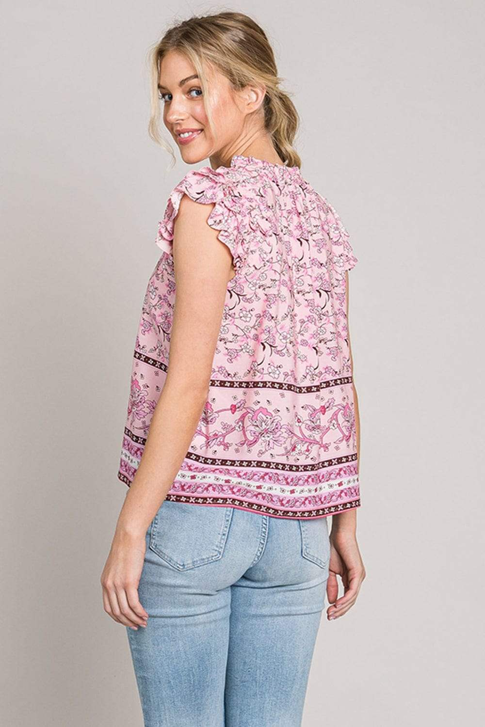 Cotton Bleu by Nu Lab Print Ruffle Sleeve Detail Blouse - Trendsi - Flyclothing LLC