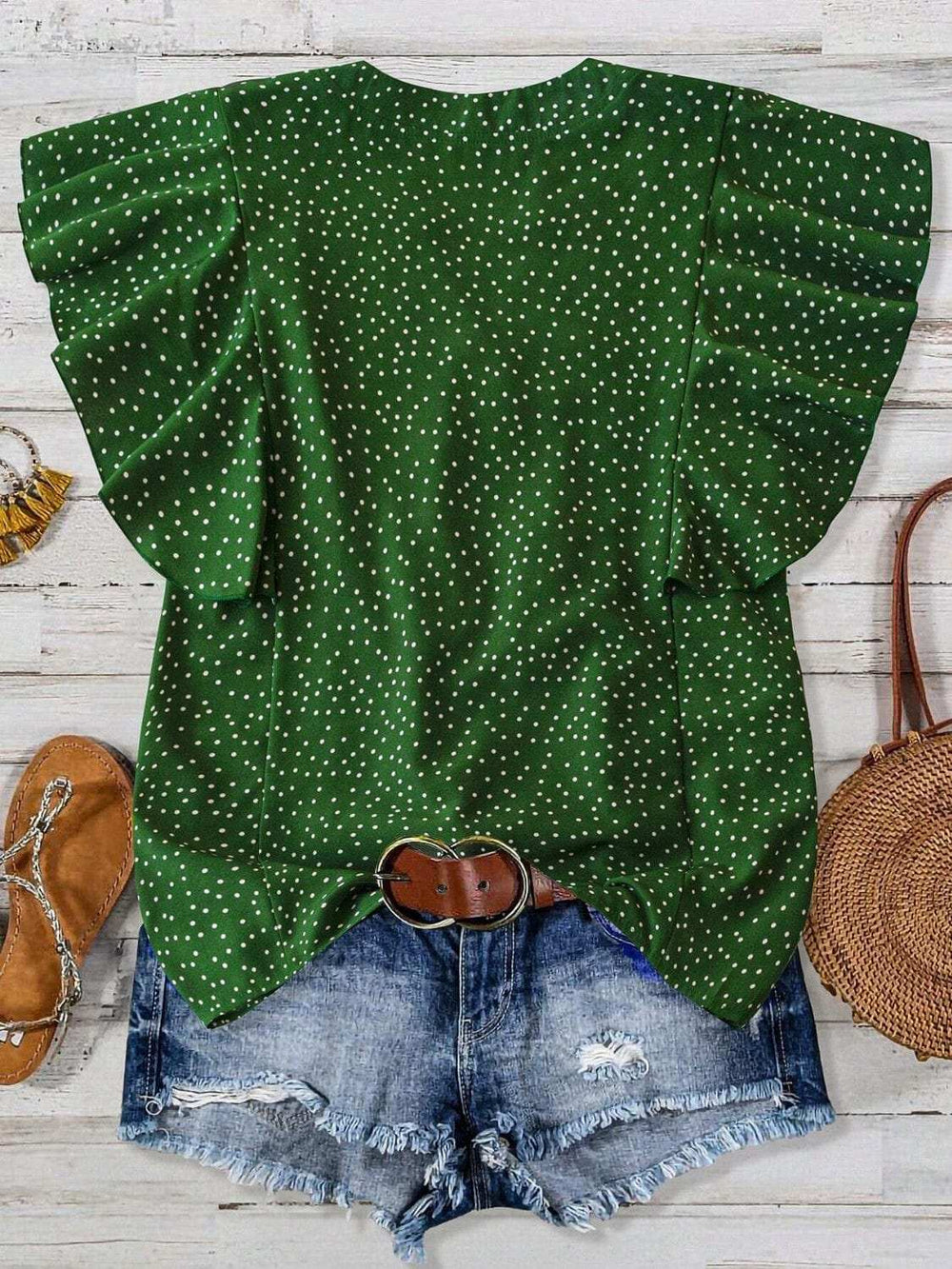 Polka Dot Notched Ruffled Cap Sleeve Blouse - Trendsi - Flyclothing LLC