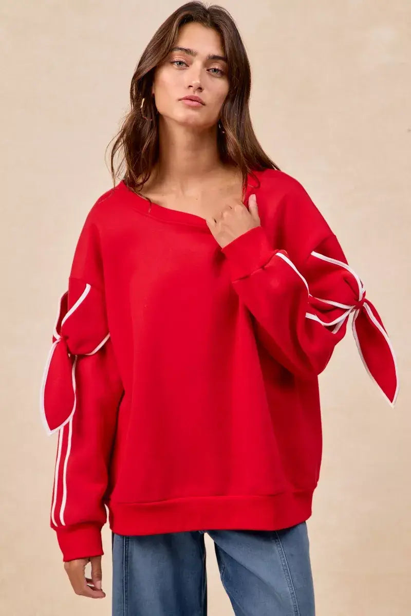 BiBi Bow Detail Sleeves Fleece Sweatshirt - Trendsi - Flyclothing LLC