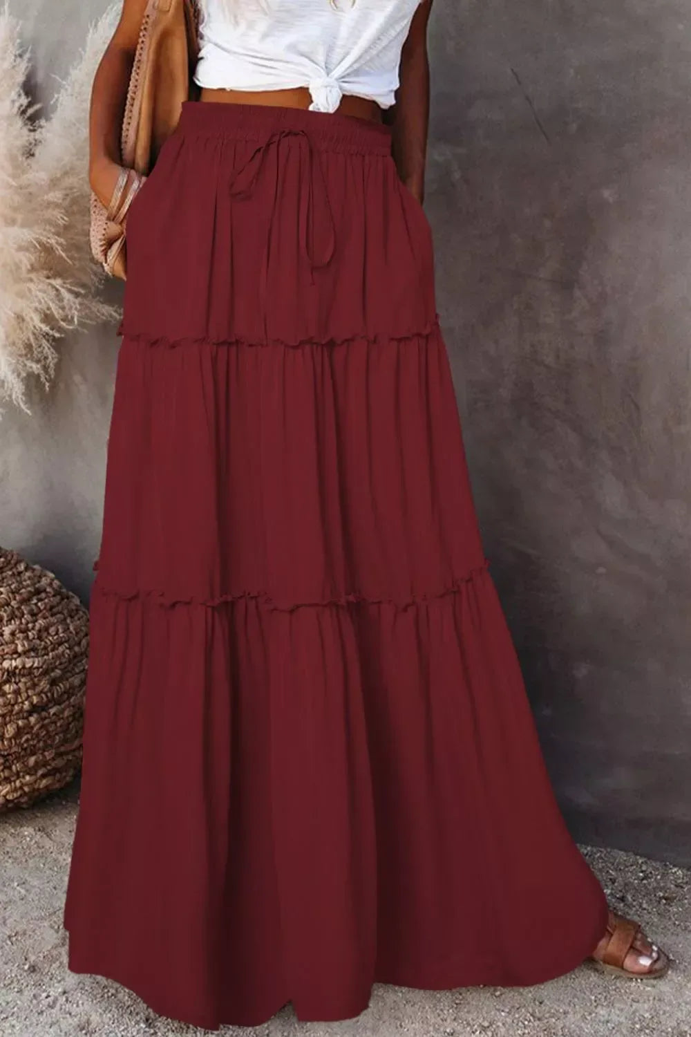 Frill Tiered Drawstring Waist Maxi Skirt - Trendsi - Flyclothing LLC