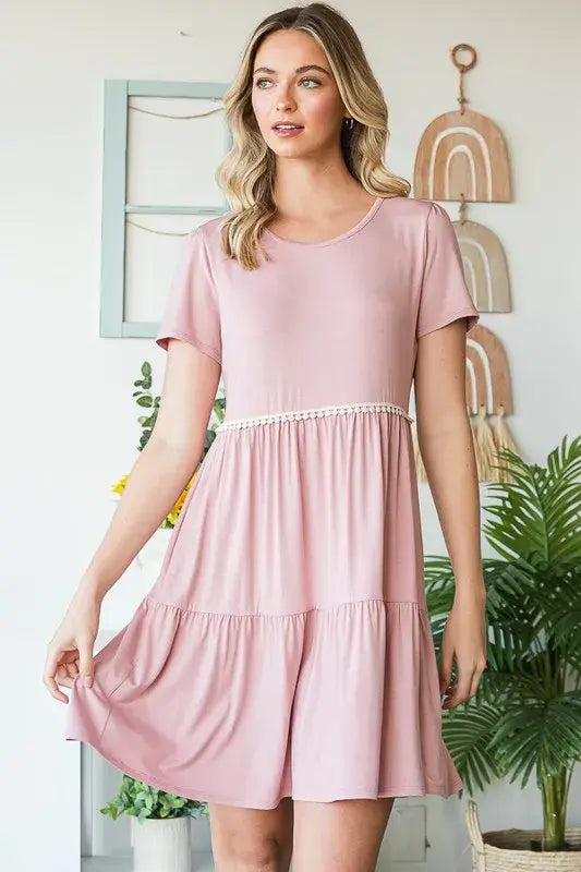 Heimish Full Size Solid Mini Tiered Dress with Pompom Lace Plus Size - Trendsi - Flyclothing LLC