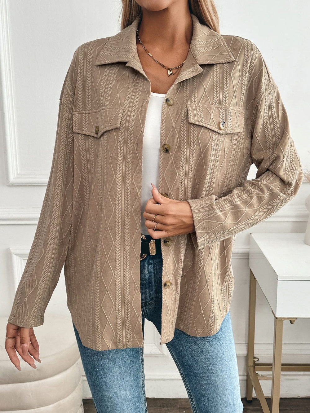 Textured Collared Neck Button Down Shacket - Trendsi