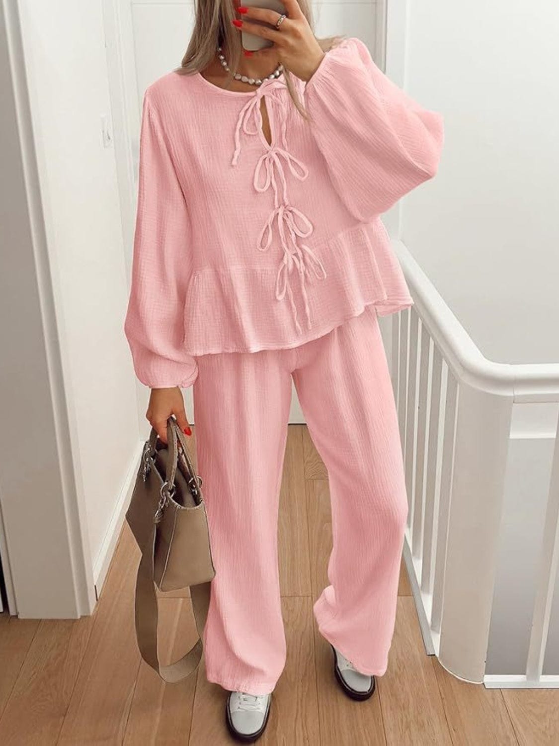 Tie Neck Balloon Sleeve Top and Pants Set - Trendsi