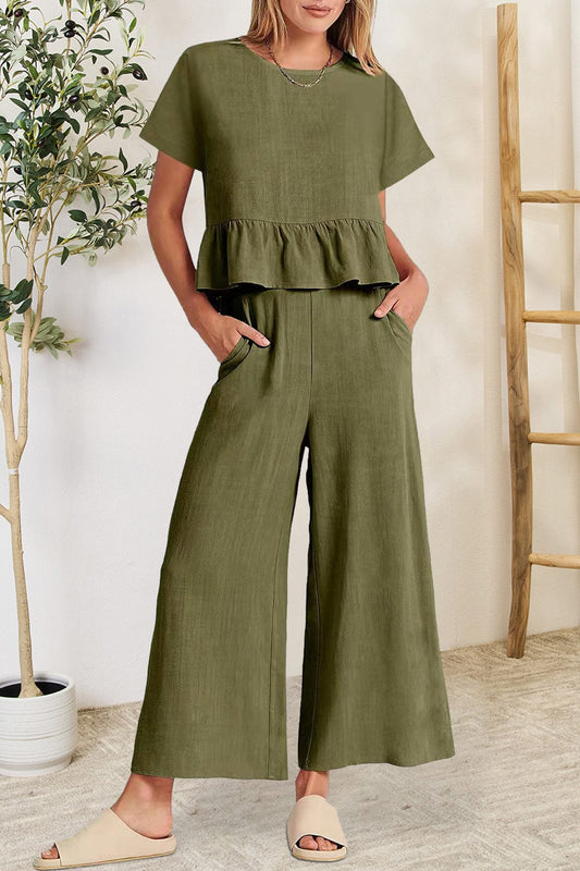 Peplum Round Neck Short Sleeve Top and Pants Set - Trendsi