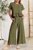 Peplum Round Neck Short Sleeve Top and Pants Set - Trendsi