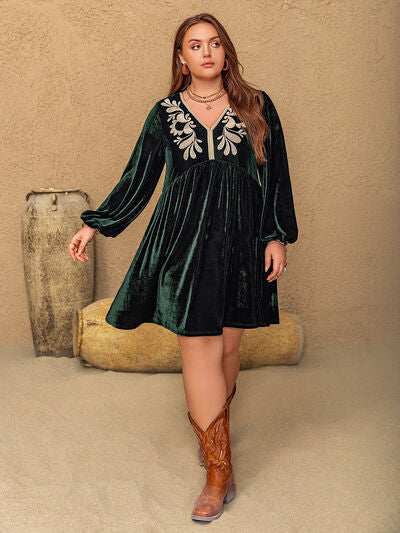 Plus Size Embroidered V-Neck Long Sleeve Dress - Trendsi - Flyclothing LLC