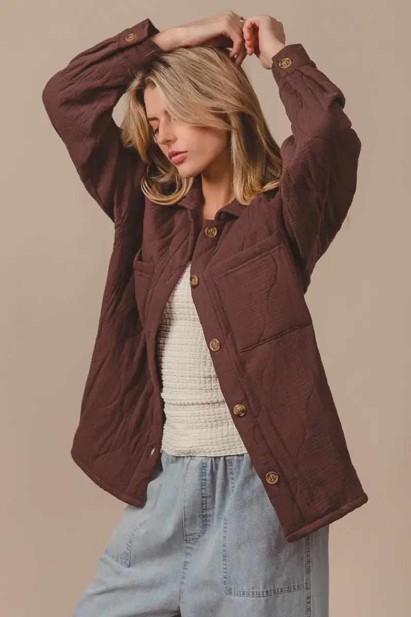 BiBi Quilted Wrinkle Gauze Long Sleeve Shacket - Trendsi - Flyclothing LLC