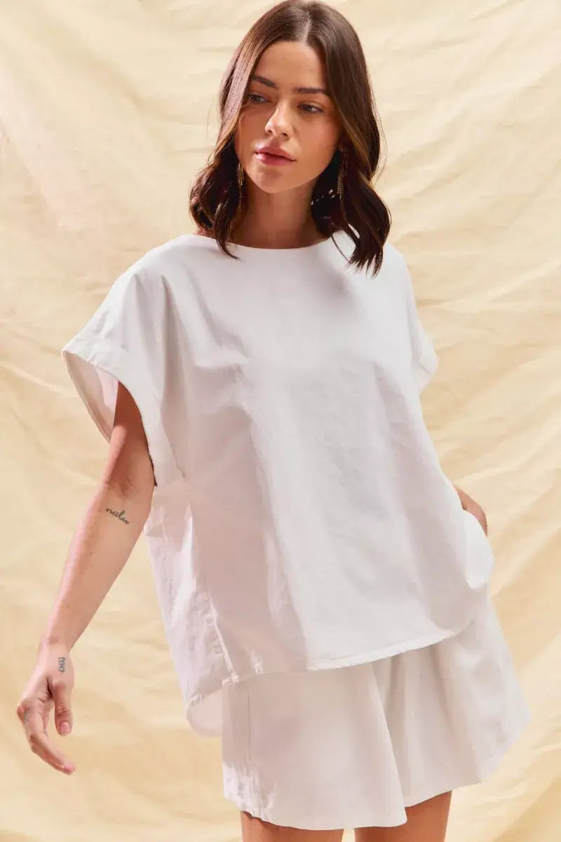 SO ME Round Neck Short Sleeve Top and Shorts Set - Trendsi - Flyclothing LLC