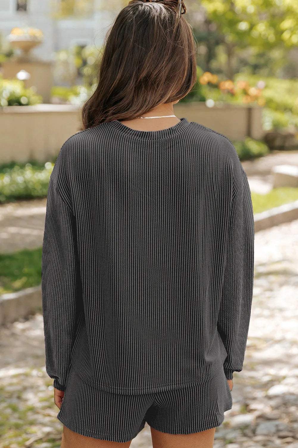 Round Neck Long Sleeve Top and Shorts Set - Trendsi - Flyclothing LLC