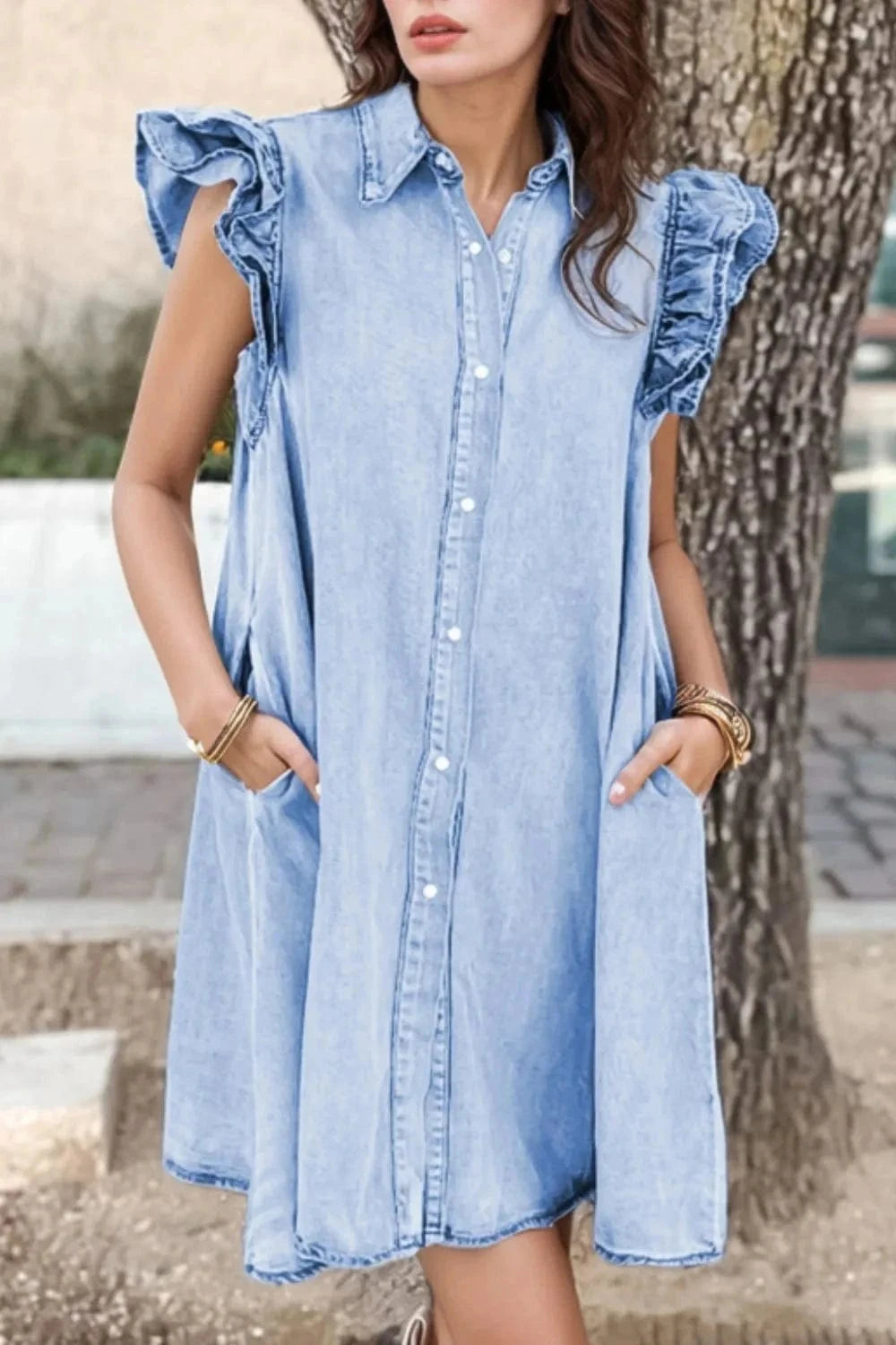 Ruffled Button Front Cap Sleeve Denim Dress - Trendsi