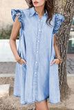 Ruffled Button Front Cap Sleeve Denim Dress - Trendsi