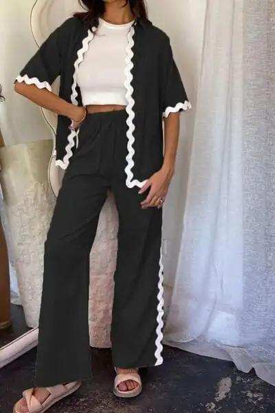 Contrast Trim Half Sleeve Top and Pants Set - Trendsi - Flyclothing LLC