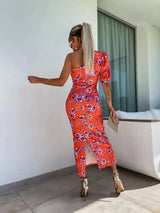 Slit Printed Single Shoulder Midi Dress - Trendsi - Flyclothing LLC