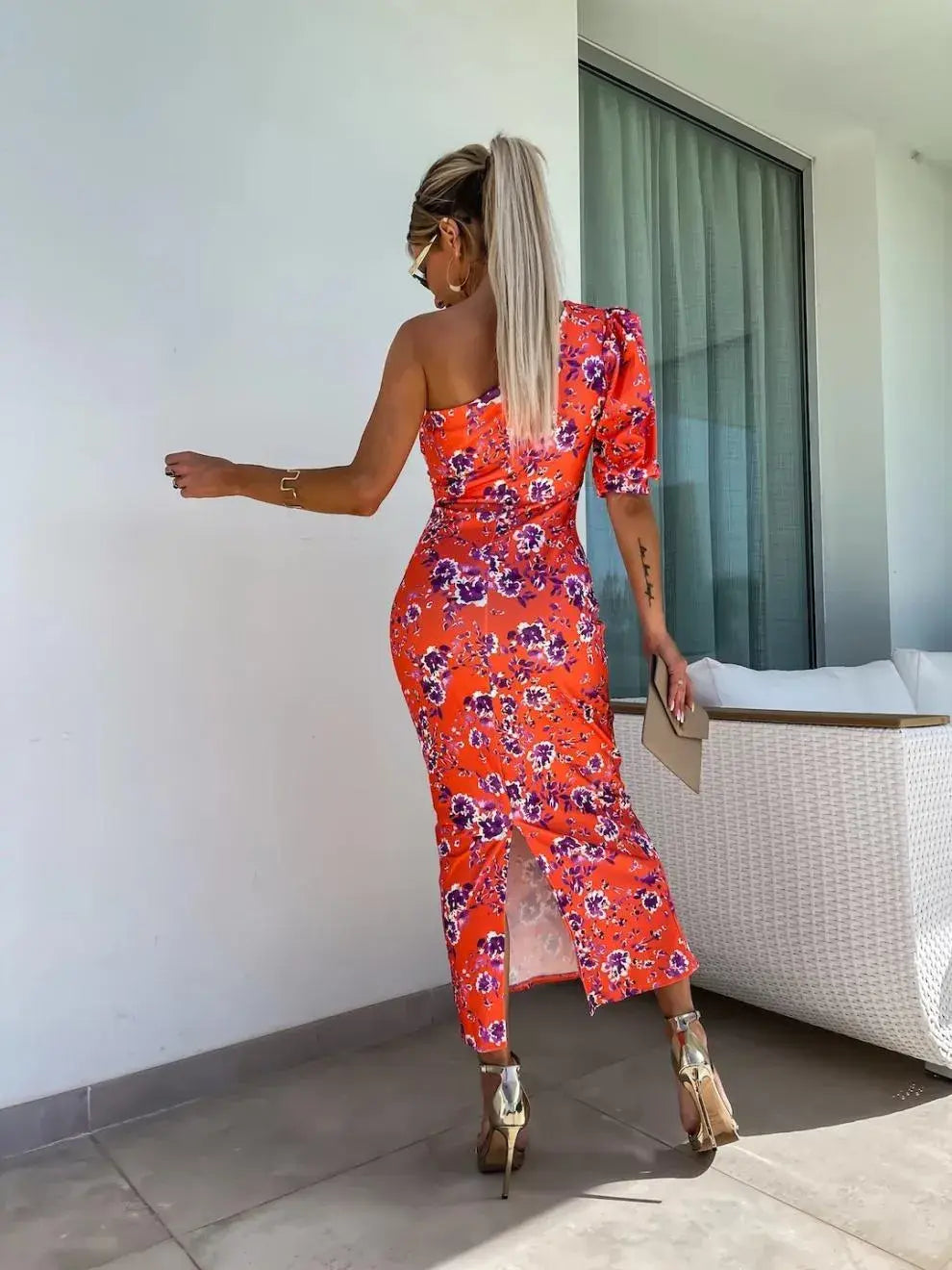Slit Printed Single Shoulder Midi Dress - Trendsi - Flyclothing LLC