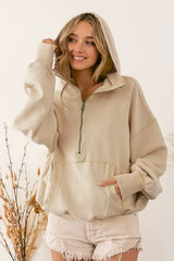 BiBi Stitch Detailed Elastic Hem Half Zip Fleece Hoodie - Trendsi - Flyclothing LLC