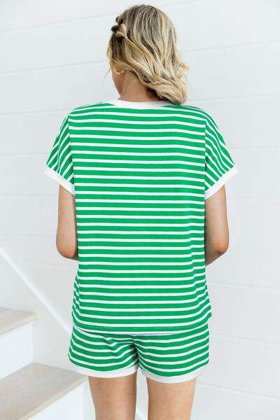 Striped Round Neck Short Sleeve Top and Shorts Set - Trendsi - Flyclothing LLC
