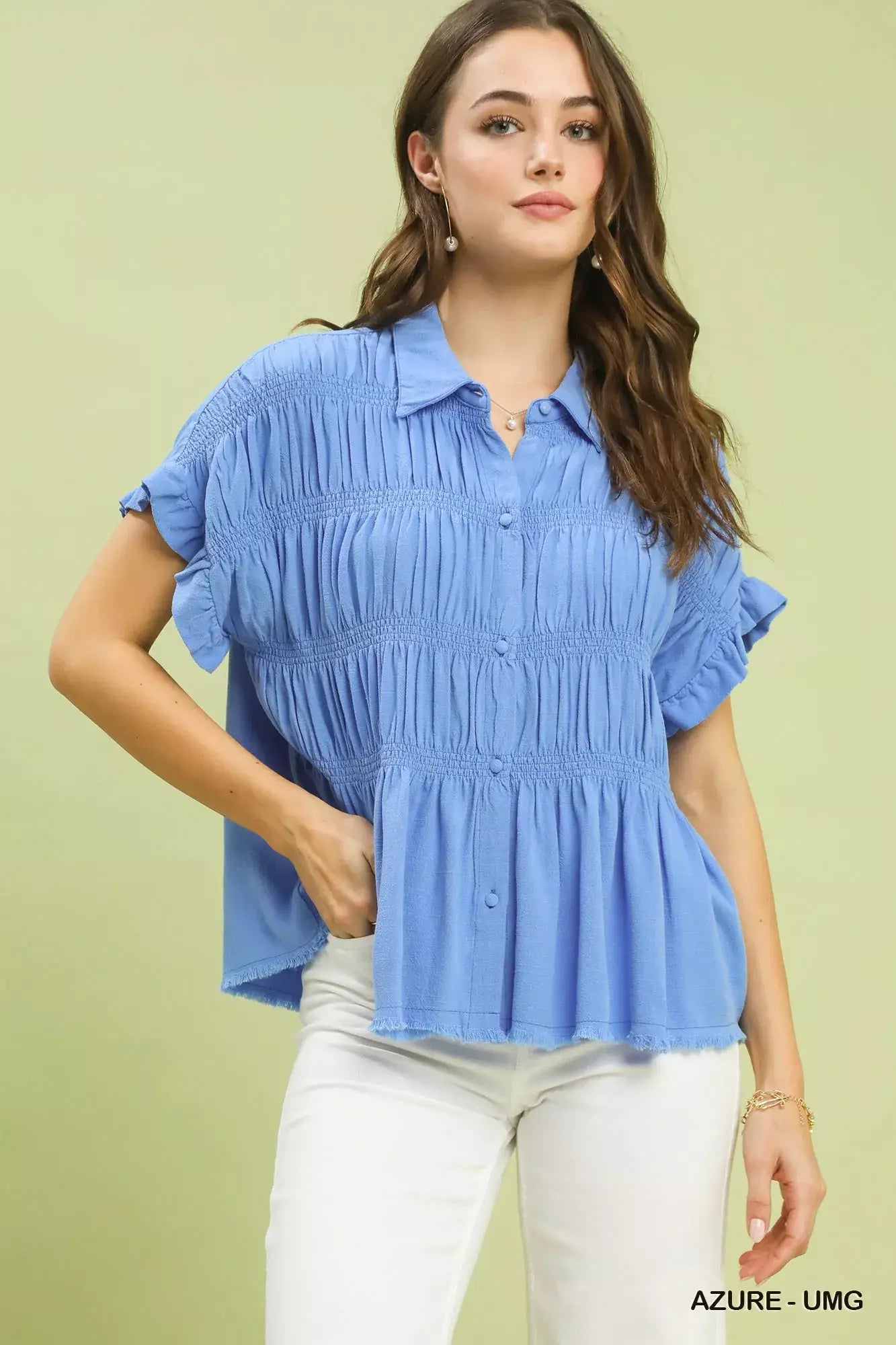 Umgee Washed Linen Blend Smocked Shirt - Trendsi - Flyclothing LLC