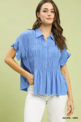Umgee Washed Linen Blend Smocked Shirt - Trendsi - Flyclothing LLC
