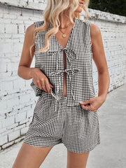 Lovelet Tied Plaid V-Neck Vest and Shorts Set - Trendsi