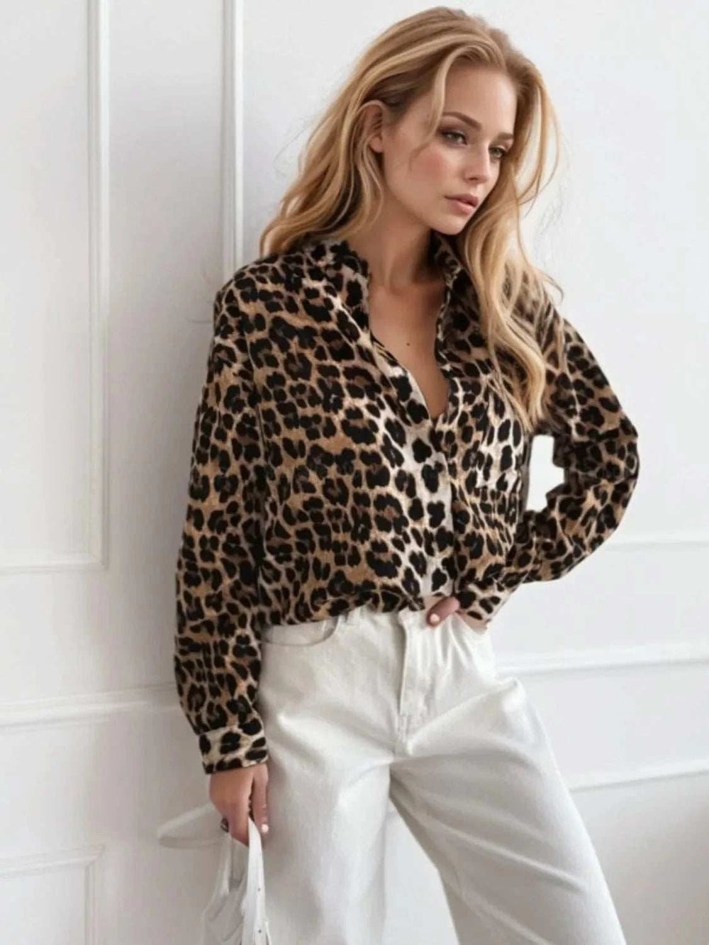 Leopard Collared Neck Long Sleeve Shirt - Trendsi - Flyclothing LLC