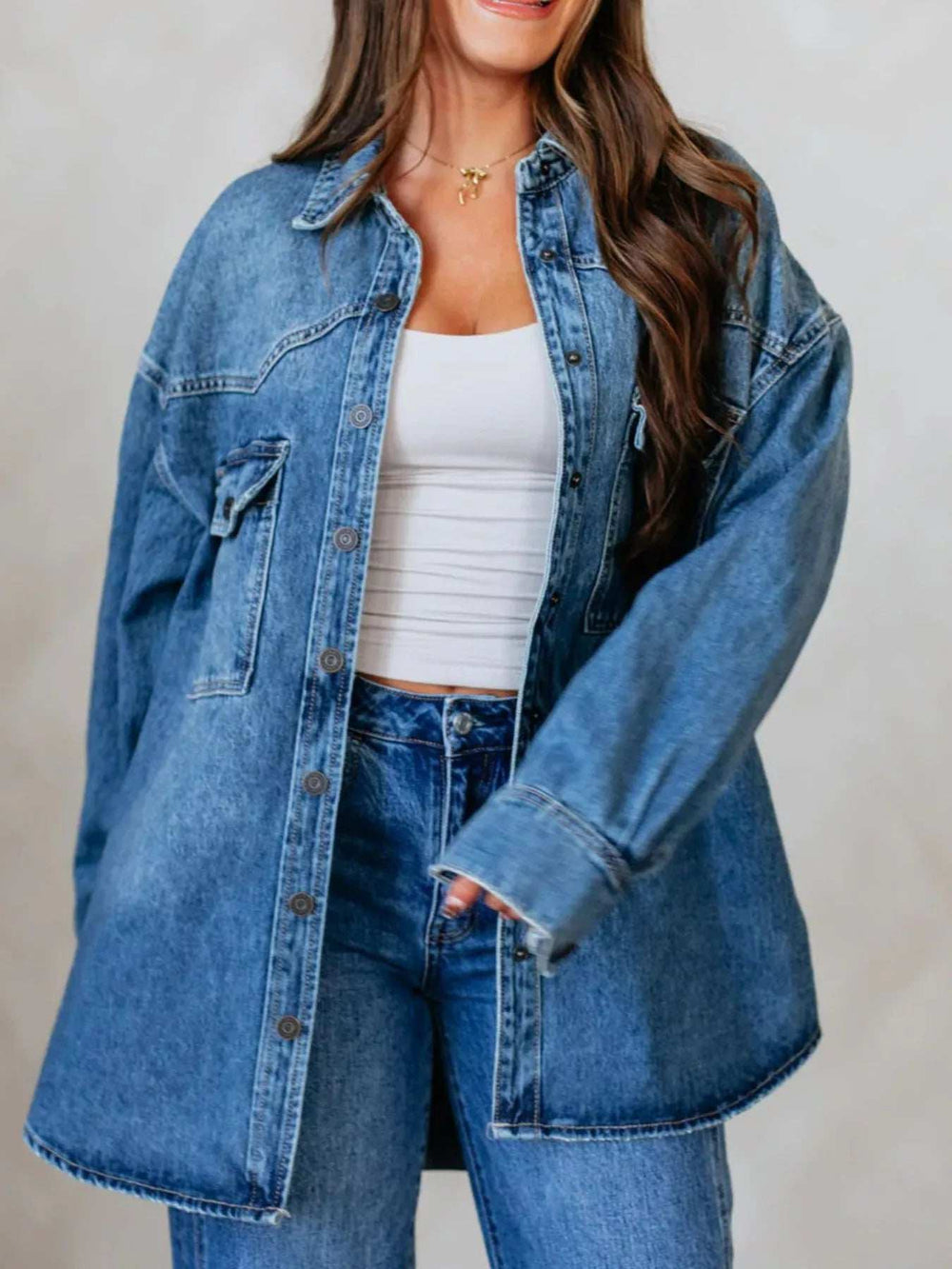 Snap Down Dropped Shoulder Denim Jacket - Trendsi - Flyclothing LLC