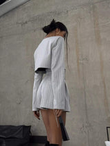 Pinstripe Cropped Blazer and Pleated Shorts Set - Trendsi - Flyclothing LLC