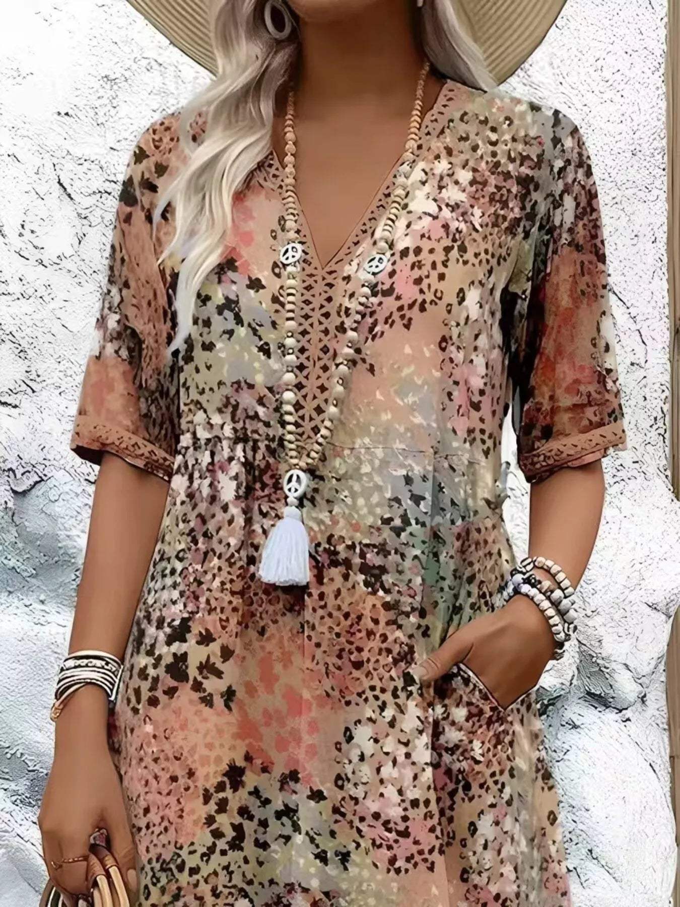 Full Size Printed V-Neck Half Sleeve Dress Plus Size - Trendsi - Flyclothing LLC