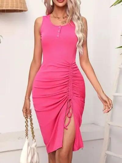 Ruched Drawstring Slit Tank Dress - Trendsi