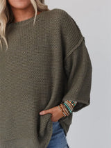Round Neck Oversized Knit Top with Relaxed Fit - Trendsi - Flyclothing LLC