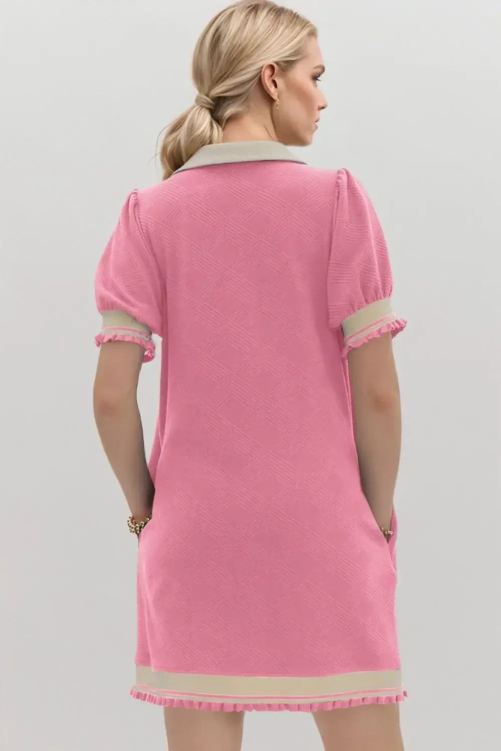 Oh Frill Contrast Trim Johnny Collar Short Sleeve Mini Dress - Trendsi - Flyclothing LLC