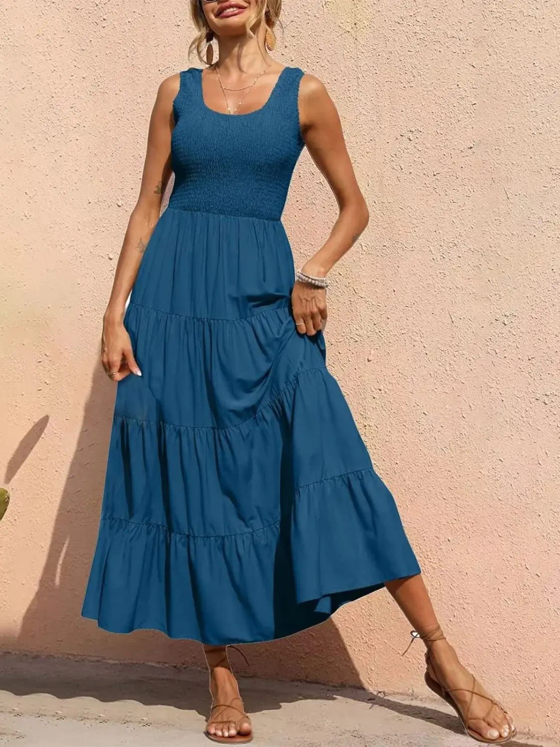 Tiered Smocked Wide Strap Dress - Trendsi - Flyclothing LLC