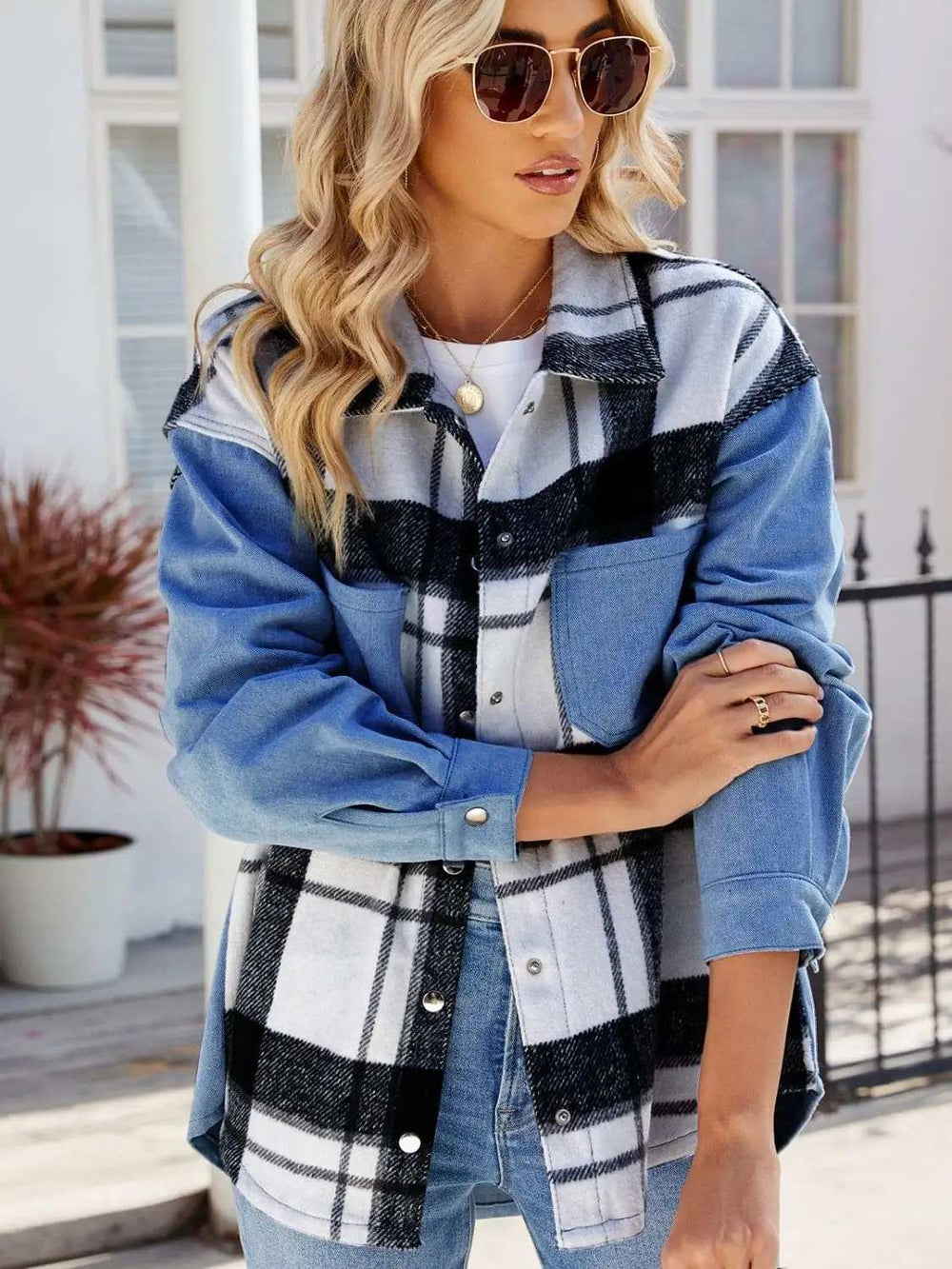Pocketed Plaid Snap Down Denim Jacket - Trendsi - Flyclothing LLC
