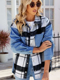 Pocketed Plaid Snap Down Denim Jacket - Trendsi - Flyclothing LLC
