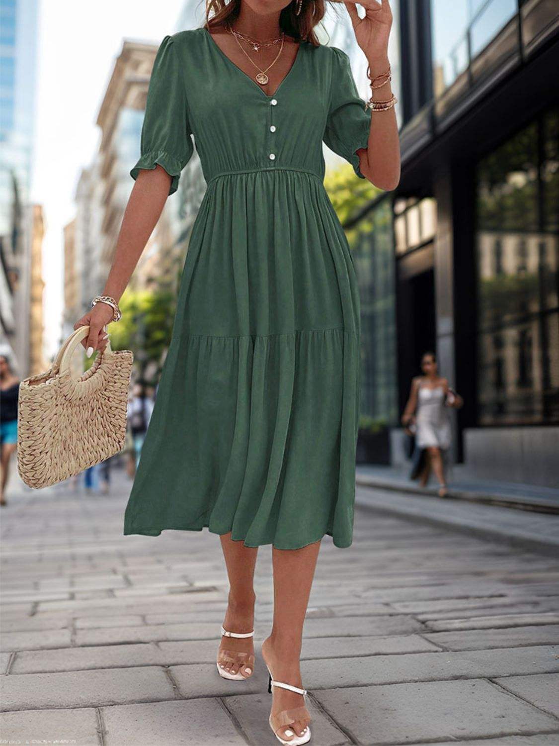 Ruched V-Neck Half Sleeve Midi Dress - Trendsi - Flyclothing LLC