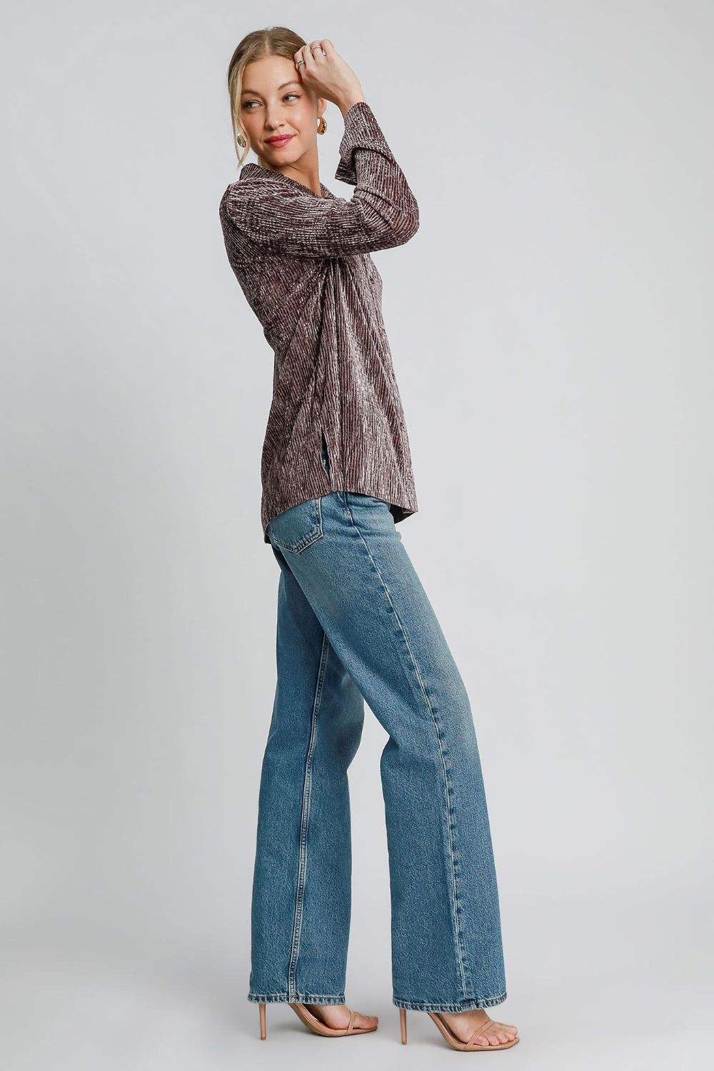 Umgee Side Slit Texture Button Up Shirt - Trendsi - Flyclothing LLC