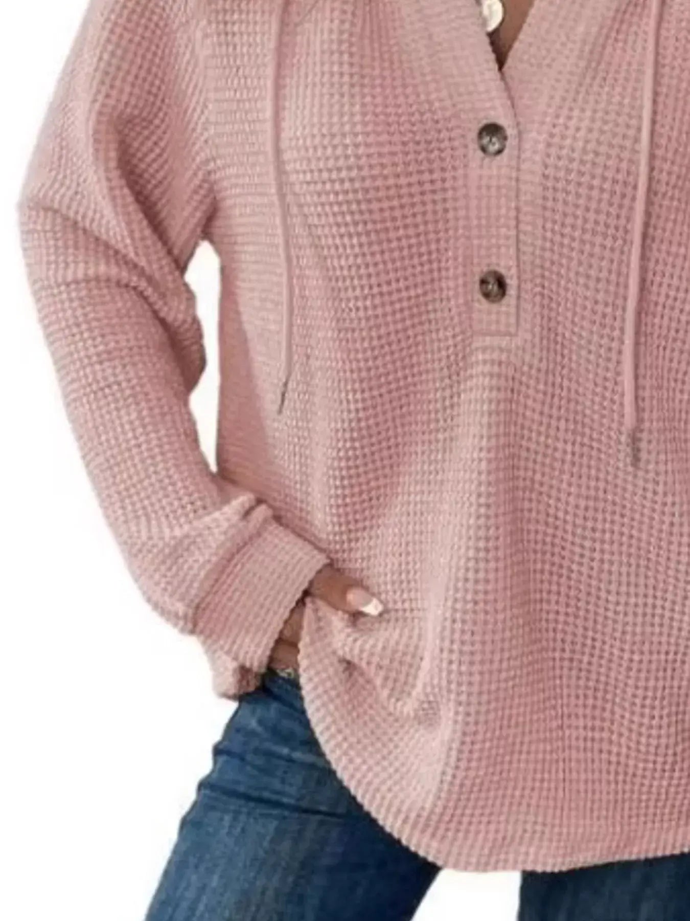 Full Size Button Detail Waffle Knit Hoodie Plus Size - Trendsi - Flyclothing LLC