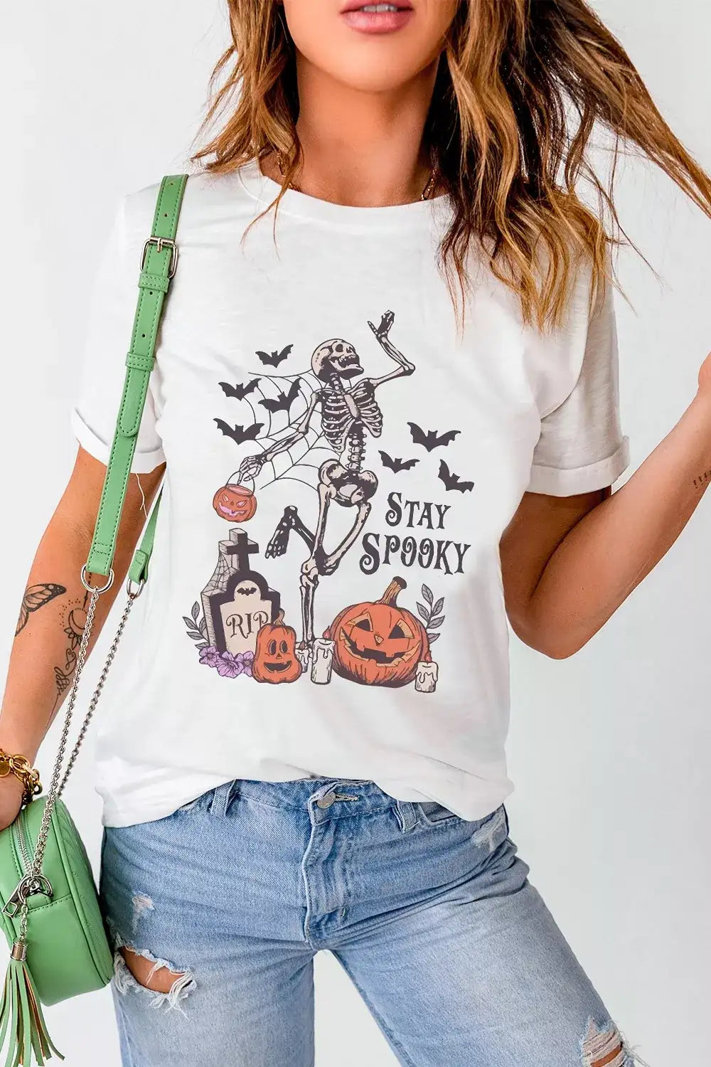 Full Size Skull Pumpkin Face STAY SPOOKY Graphic Halloween T Shirt Plus Size - Trendsi - Flyclothing LLC