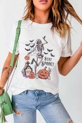 Full Size Skull Pumpkin Face STAY SPOOKY Graphic Halloween T Shirt Plus Size - Trendsi - Flyclothing LLC