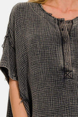 Zenana Washed Texture Half Button T-Shirt - Trendsi - Flyclothing LLC